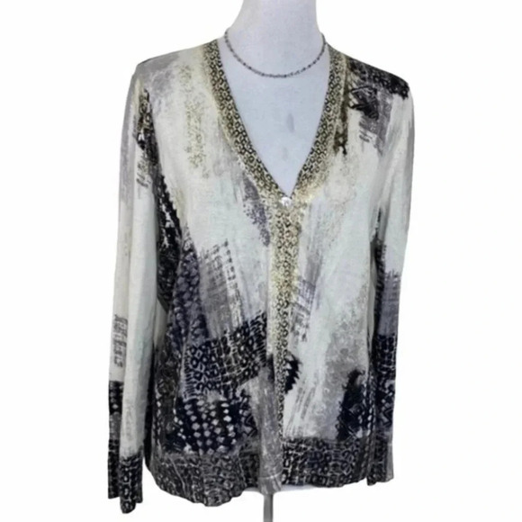 Chico 2 artsy‎ cream/black/gold 1 button cardigan - Picture 1 of 8